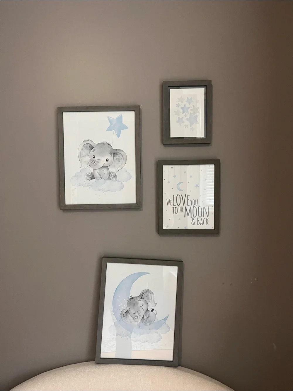 Nursery Wall Art Set - Gray & Blue Elephant & Moon with Frames - 4 pieces